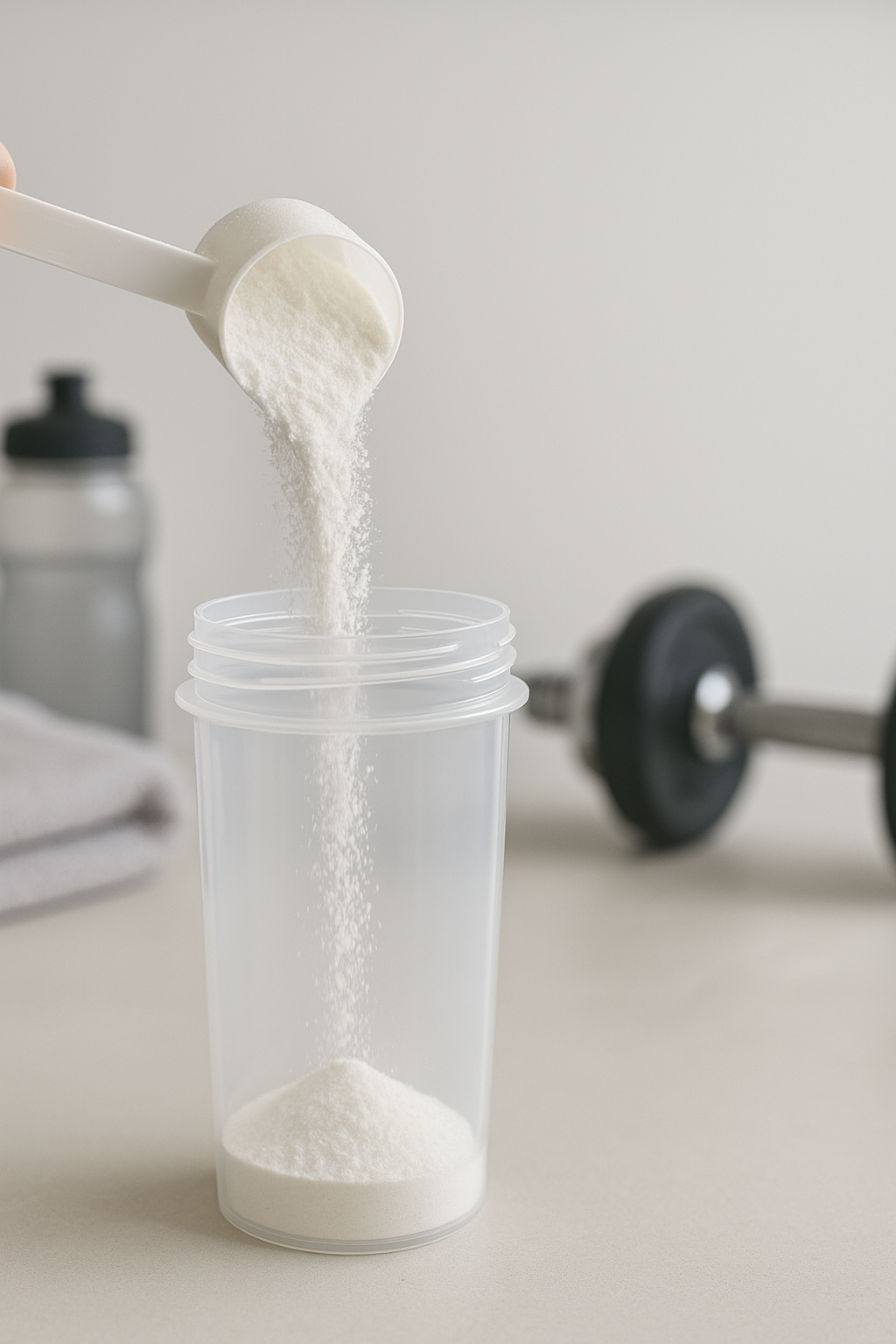 Scoop of white creatine powder being poured into a clear shaker bottle with dumbbell in background