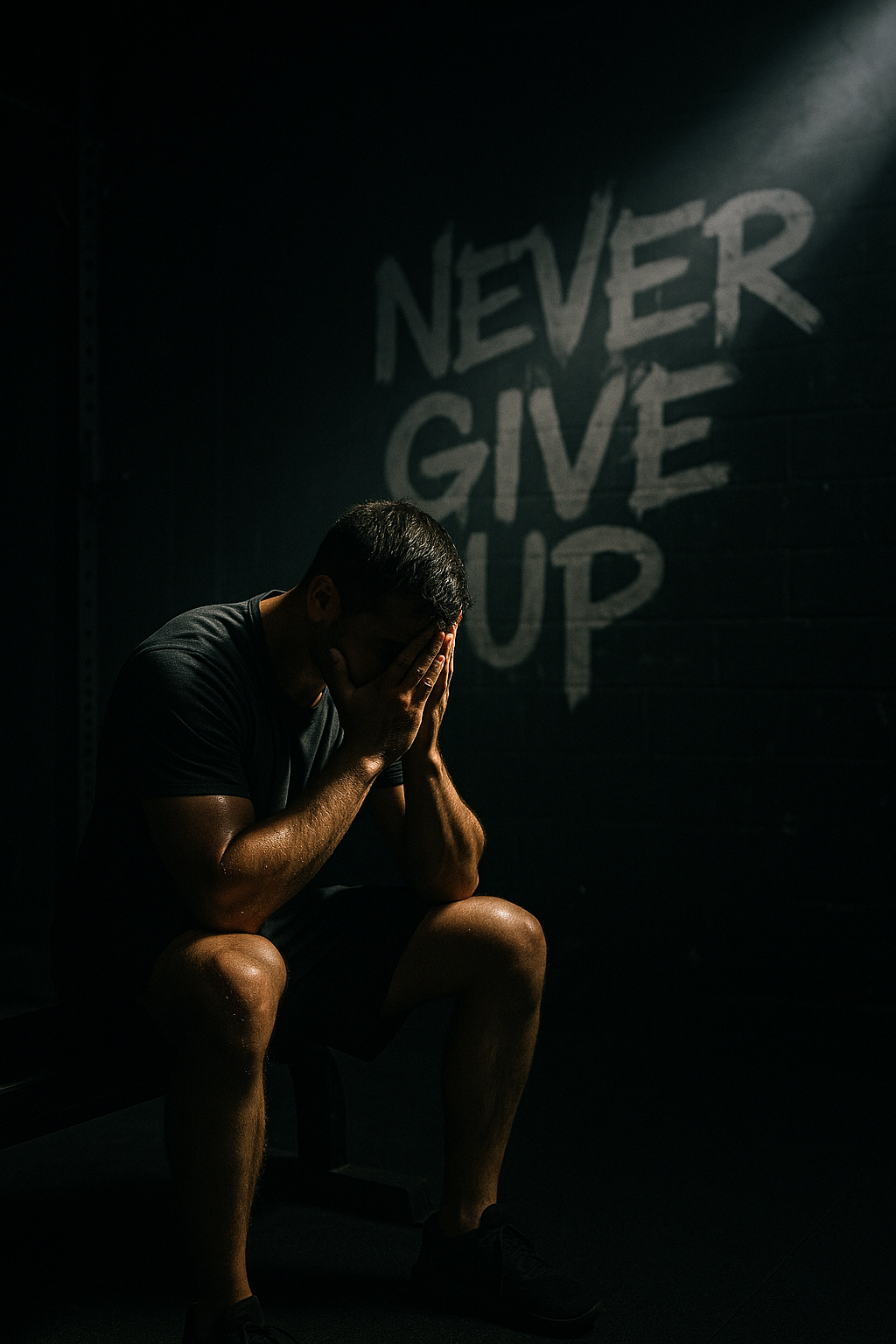 Exhausted man sitting on gym bench with head in hands under 'Never Give Up' motivational wall message