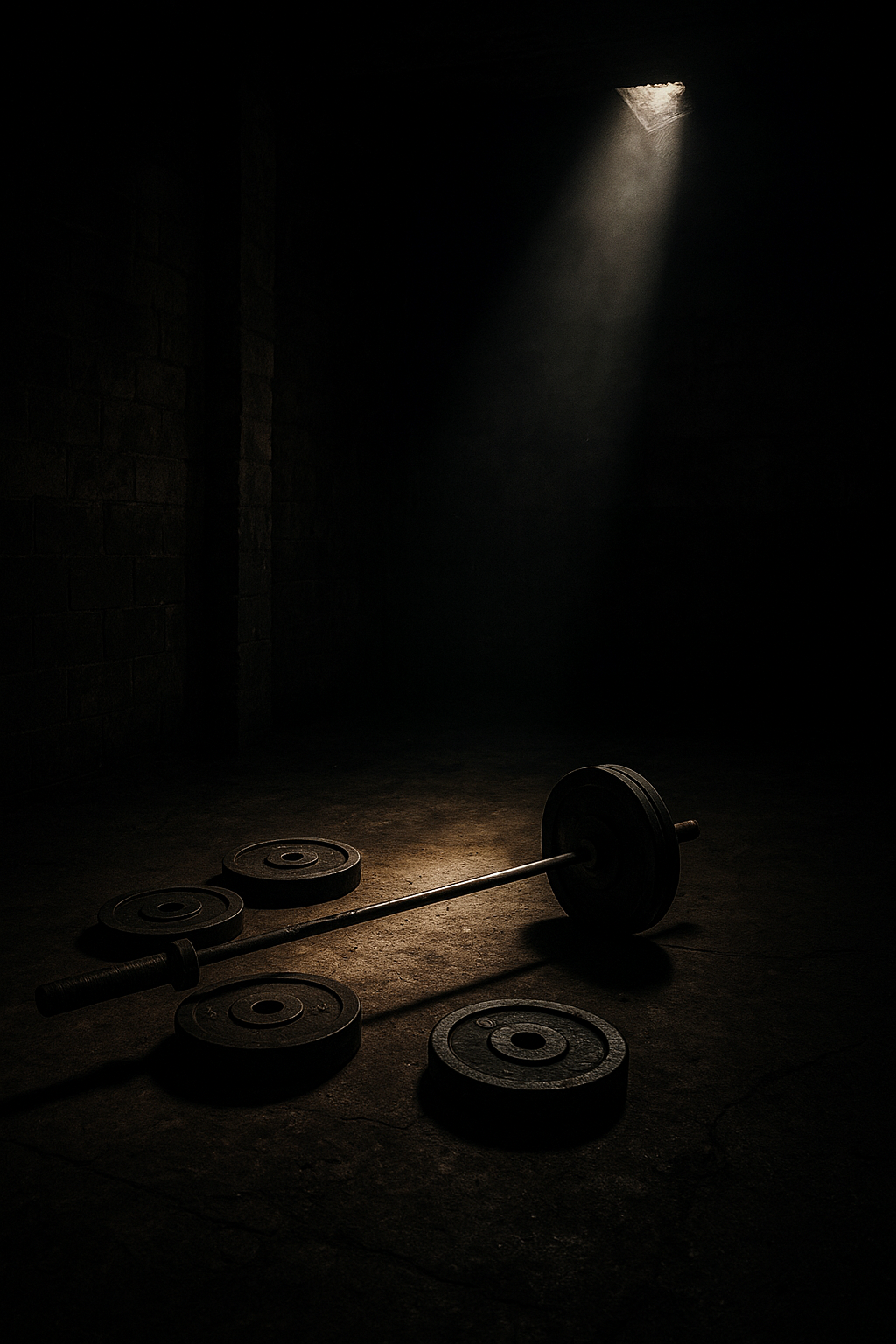 Barre de musculation au sol dans une pièce sombre, éclairée par un rayon de lumière naturelle