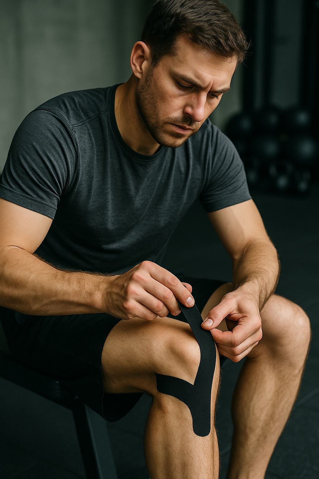 Homme concentré appliquant une bande de tape noir sur son genou droit dans une salle de sport, assis sur un banc, en tenue d'entraînement. Geste précis de taping pour stabilisation articulaire et prévention des blessures.