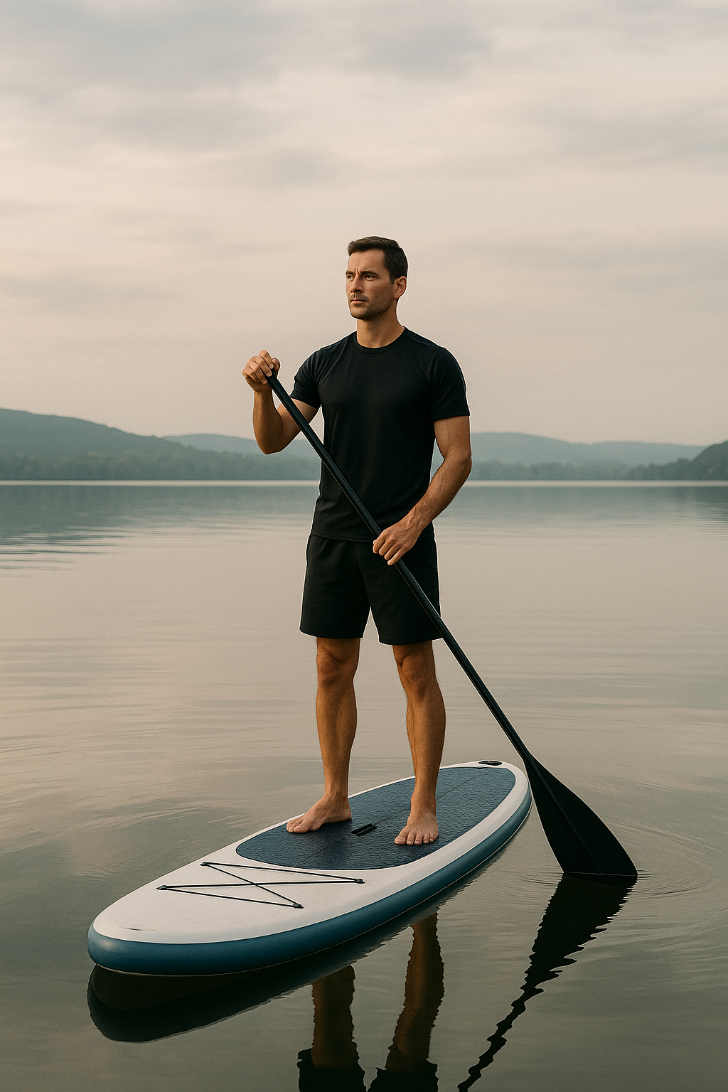 Coach sportif debout sur un paddle au milieu d’un lac calme, en posture d’équilibre, lors d’une séance en plein air avec Resilience Factory à Neuchâtel
